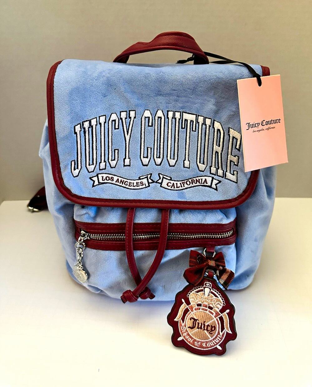 Juicy Couture Blue Couture University Med Backpack Logo Bow Zipper Bag Charm NWT